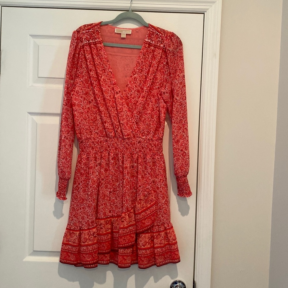 MICHAEL Michael Kors Red Printed Long-Sleeve V-Neck Dress